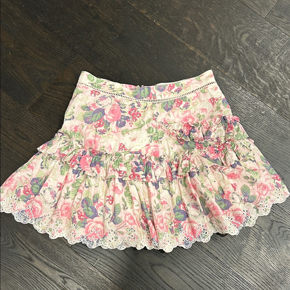LoveShackFancy Cream and Pink Floral A-Line Skirt